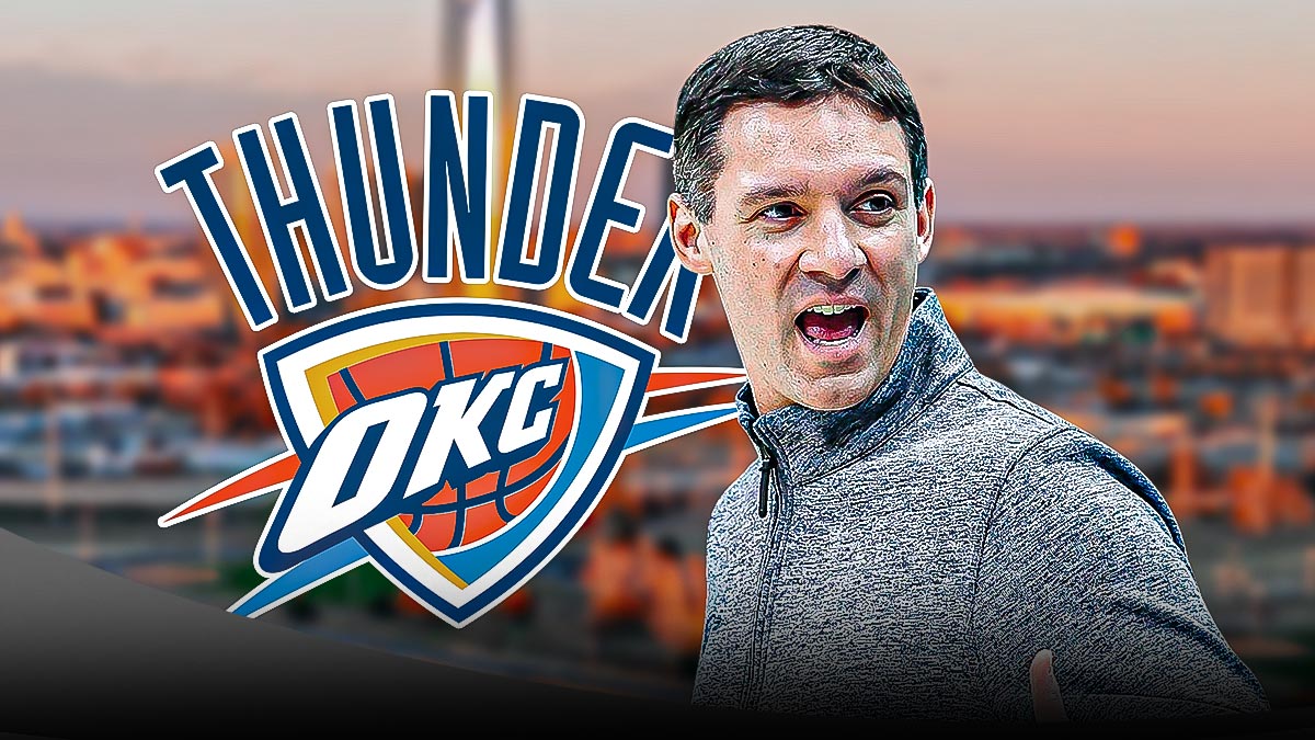 Thunder head coach Mark Daigneault next to the Thunder logo with the Oklahoma City skyline in the background after setting a Thunder franchise record