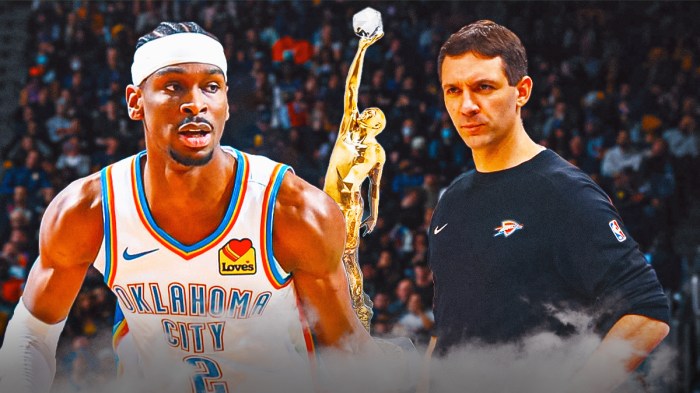Thunder All-Shai Gilgeous-Alexander next to Thunder head coach Mark Daigneault with the MVP trophy in between them