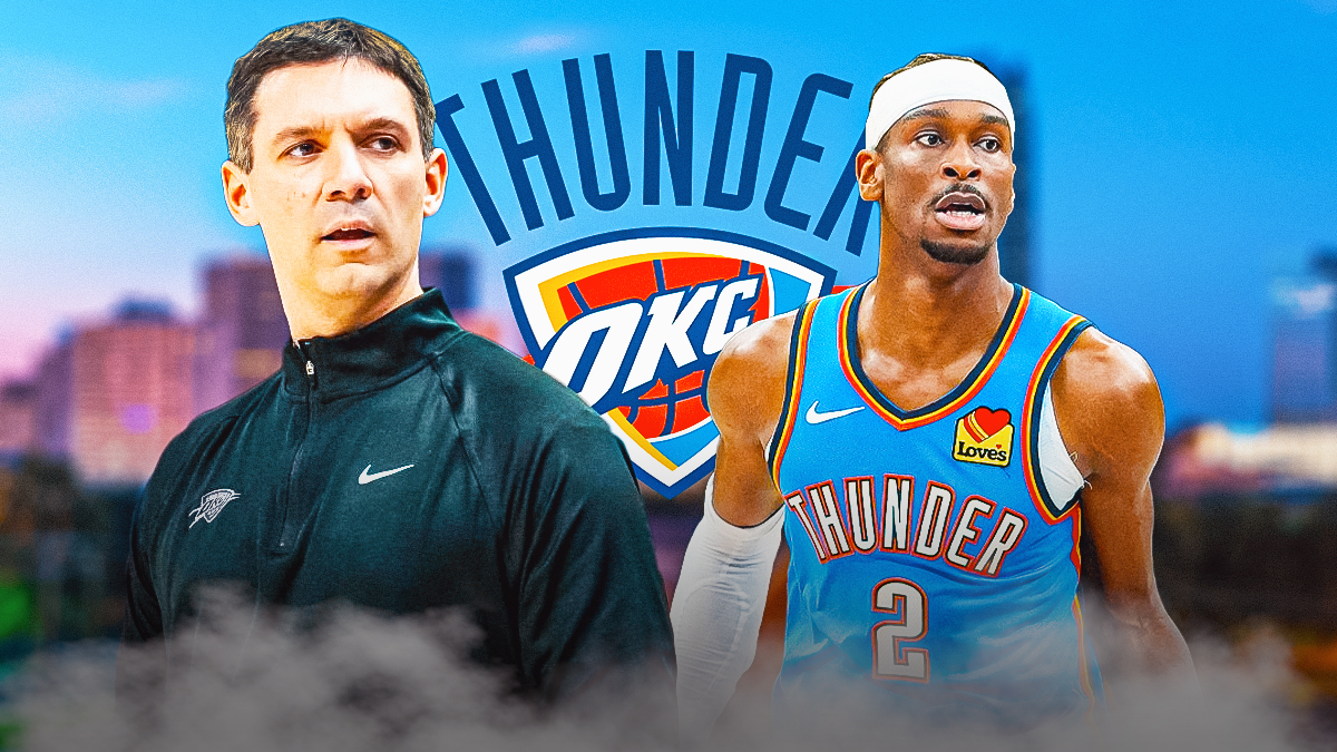 Thunder head coach Mark Daigneault next to Thunder All-Star Shai Gilgeous-Alexander with the Thunder logo and the Oklahoma City skyline in the background