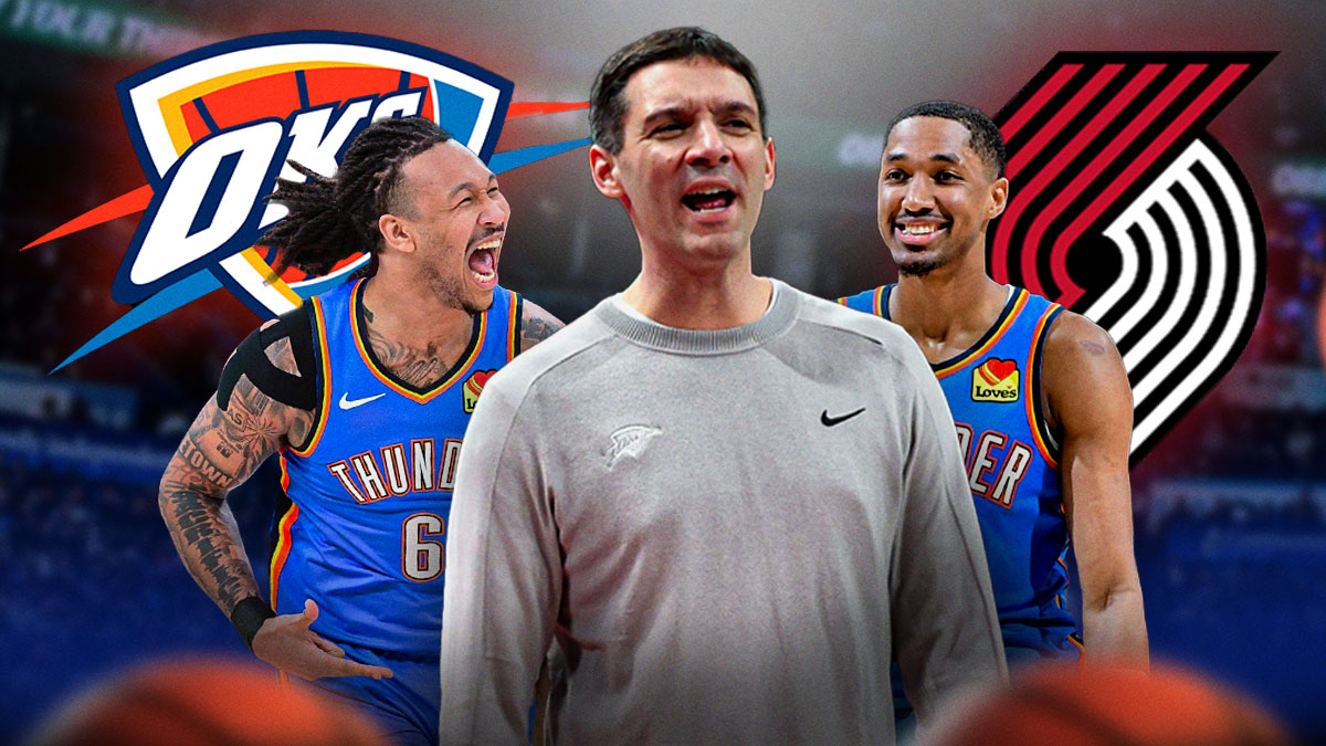 Thunder head coach Mark Daigneault in between Thunder center Jaylin Williams and Thunder guard Aaron Wiggns with the Thunder and Trail Blazers logos in the background