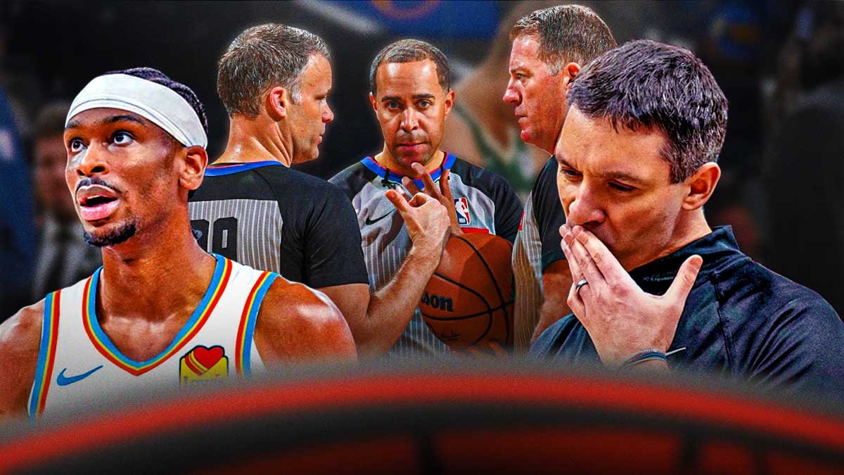 Thunder head coach Mark Daigneault next to Thunder All-Star Shai Gilgeous-Alexander with NBA officials in the background
