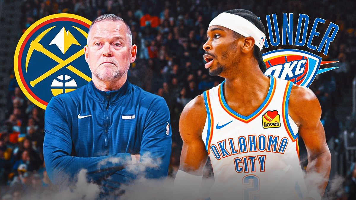 Thunder All-Star Shai Gilgeous-Alexander next to Nuggets head coach Michael Malone with the Thunder and Nuggets logos in the background