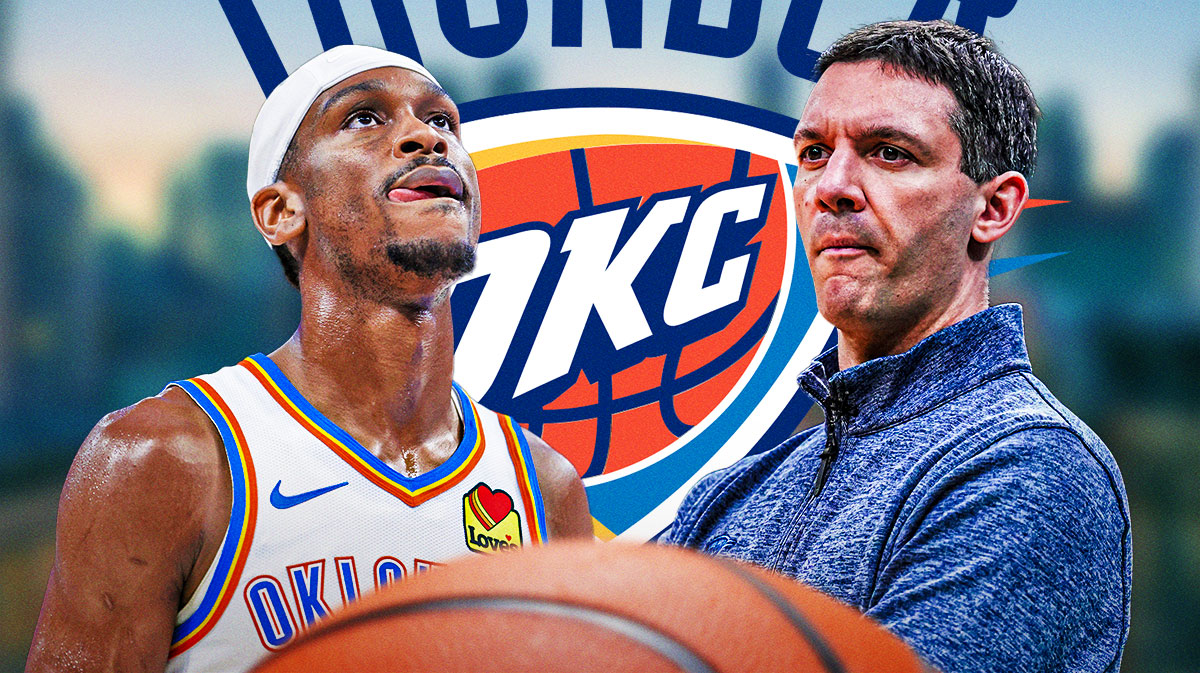 Thunder All-Star Shai Gilgeous-Alexander next to Thunder head coach Mark Daigneault with the Thunder logo and the Oklahoma City skyline in the background