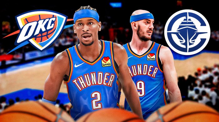 Thunder All-Star Shai Gilgeous-Alexander next to Thunder guard Alex Caruso with the Thunder and Clippers logos in the background