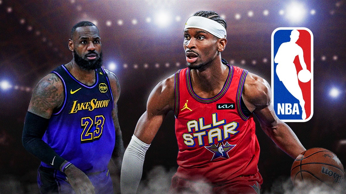 Thunder All-Star Shai Gilgeous-Alexander next to Lakers superstar LeBron James with the NBA logo in the background