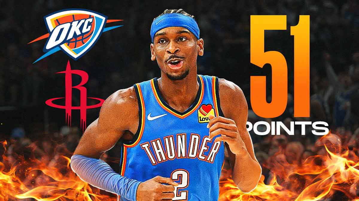 Thunder All-Star Shai Gilgeous-Alexander with the Thunder and Rockets logos next to him and the words 51 POINTS next to fire in the background