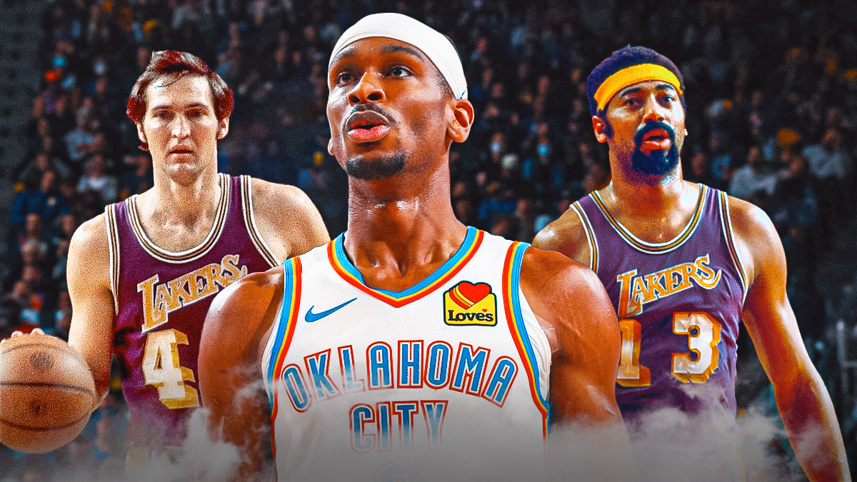 Thunder's Shai Gilgeous-Alexander hyped up, with 1972 Jerry West and Wilt Chamberlain (Lakers) beside him