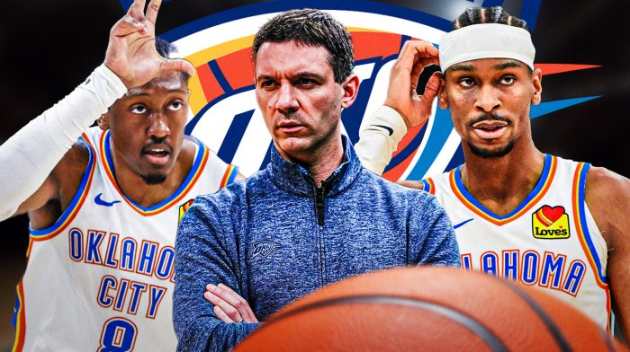 Thunder head coach Mark Daigneault in between Thunder All-Star Jalen Williams and Thunder All-Star Shai Gilgeous-Alexander with the Thunder logo and the NBA's Western Conference in the background with the Lakers and Bucks playing