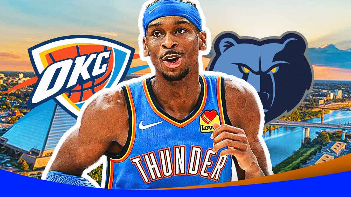 Thunder All-Star Shai Gilgeous-Alexander next to the Thunder and Grizzlies logos with the Memphis city skyline in the background