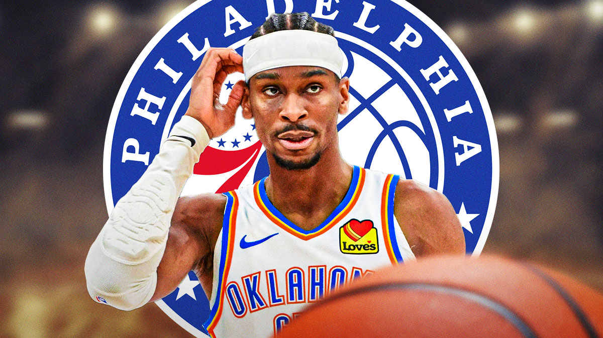 Shai Gilgeous-Alexander next to a 76ers logo.