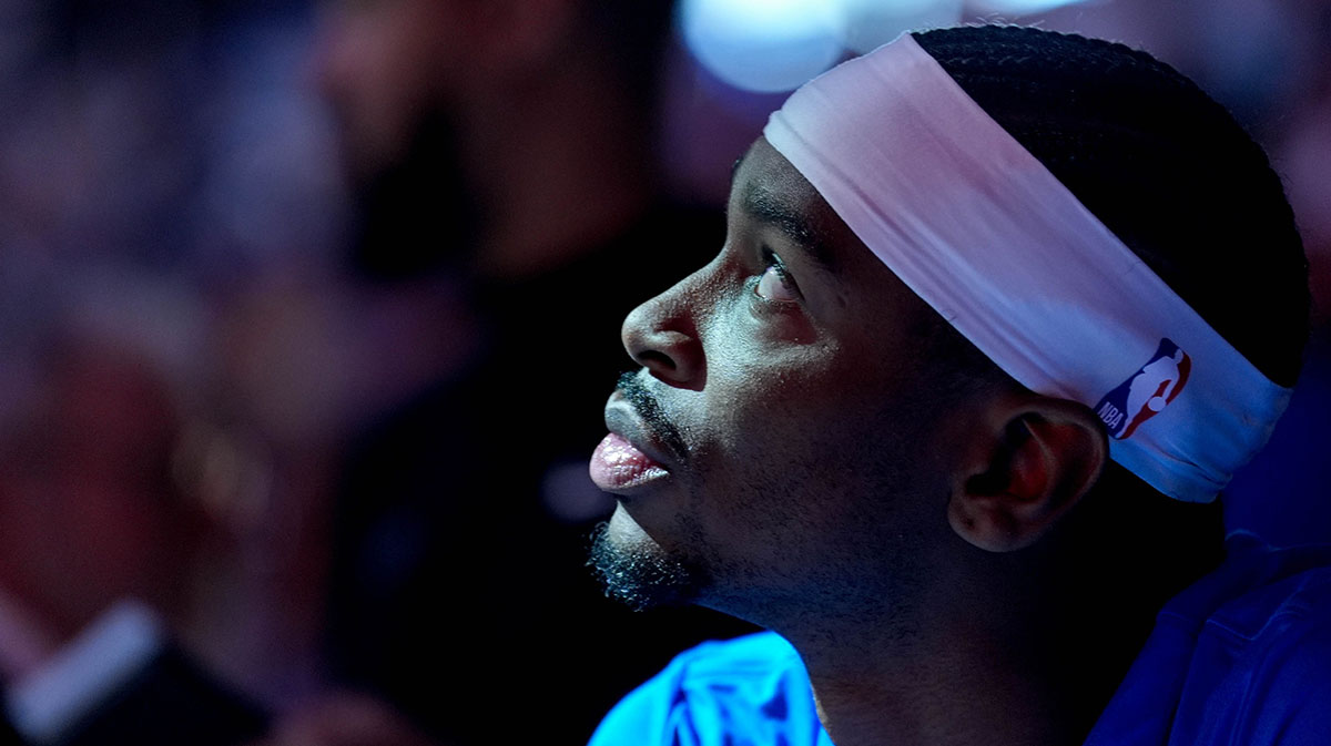 Oklahoma City guard Shai Gilgeous-Alexander (2) looks at the jumbo screen before an NBA game between Oklahoma City and Milwaukee at the Paycom Center in Oklahoma City on Monday, Feb. 3, 2025.