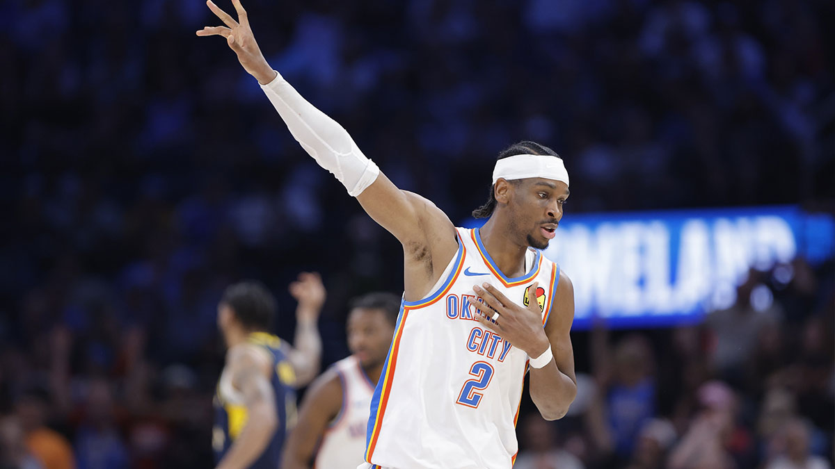Oklahoma City Thunder guard Shai Gilgeous-Alexander (2) gestures after scoring against the Indiana Pacers during the second half at Paycom Center. 