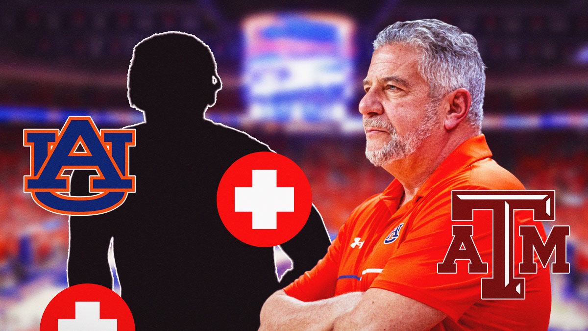 Bruce Pearl, silhouette of Denver Jones, Auburn Tigers and Texas A&M Aggies logos, injury symbols