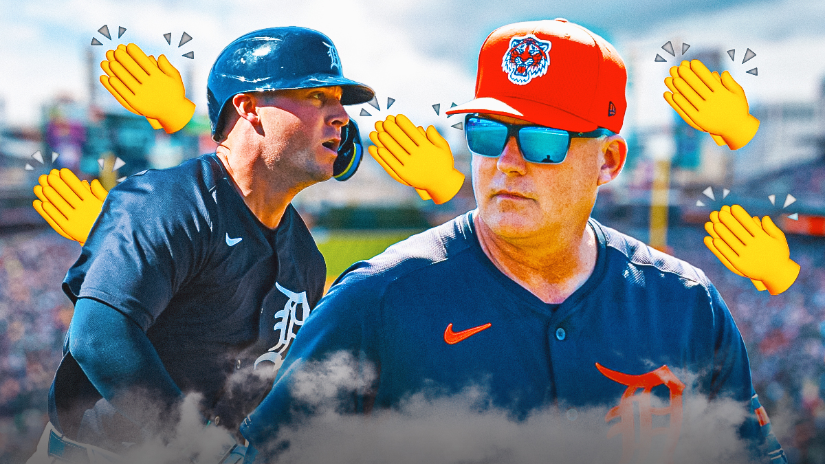 Tigers manager AJ Hinch standing next to Spencer Torkelson. There are 👏🏽 emojis everywhere.