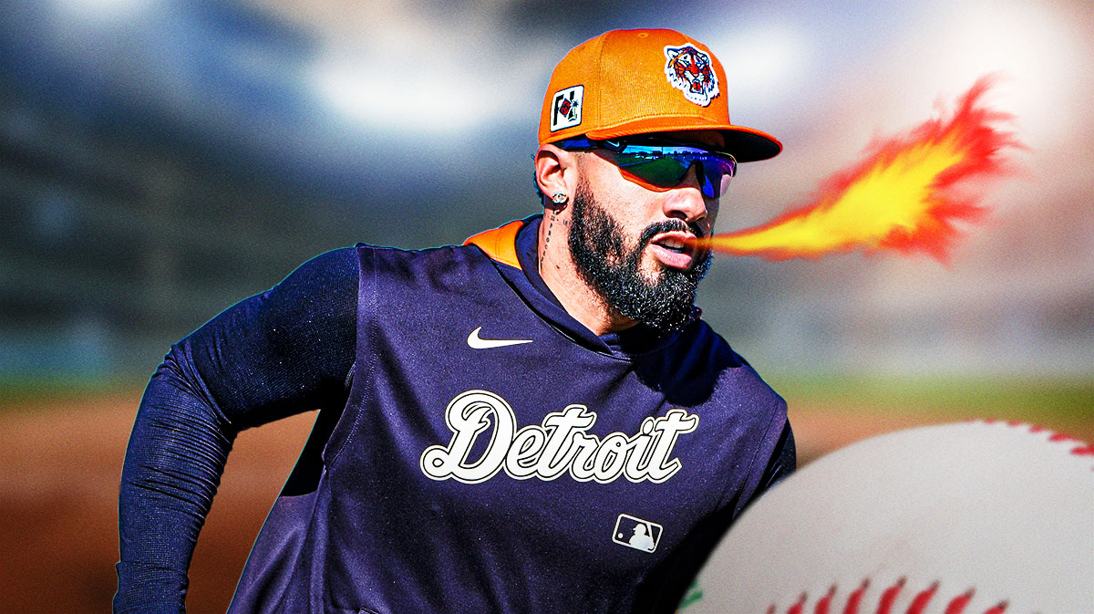 Gleyber Torres in a Detroit Tigers 2025 jersey breathing fire.