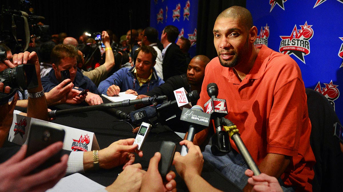 Western Conference forward Tim Duncan of the San Antonio Spurs speaks to the media during a press conference at the Hilton Americas.