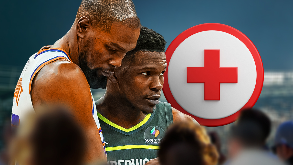 Anthony Edwards with a medical cross next to Kevin Durant.