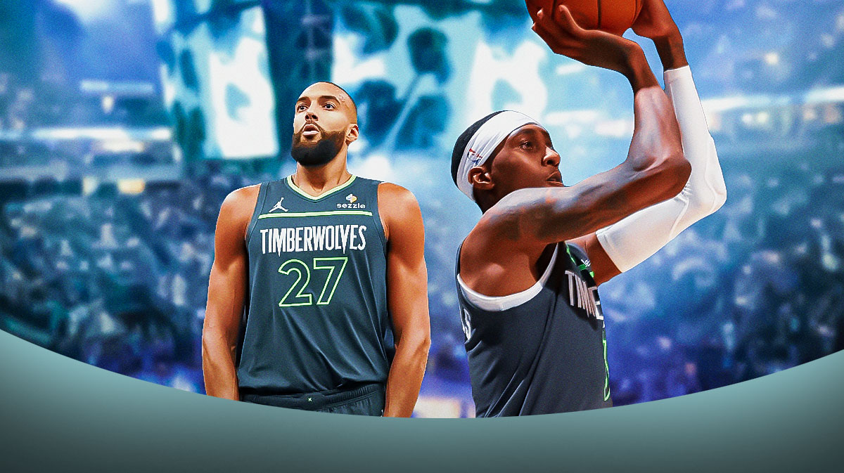 A photo of Jaden McDaniels and Rudy Gobert Friday night against the Suns.