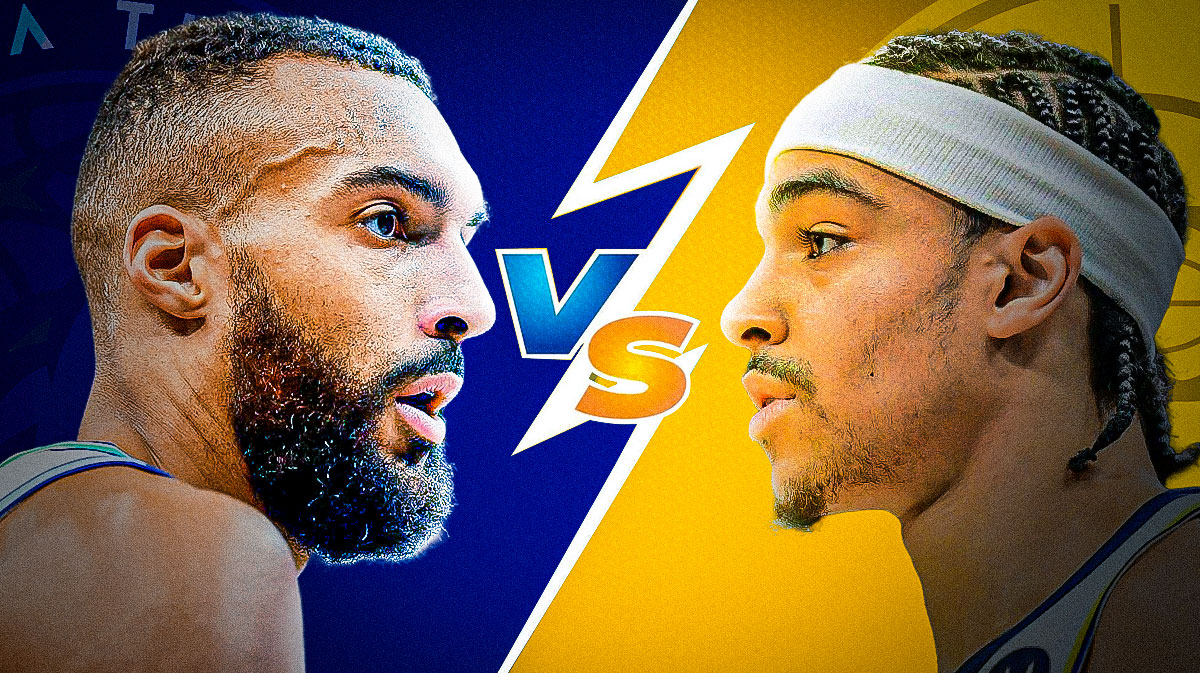 Timberwolves' Rudy Gobert looking angry with VS symbol in the middle while looking at Pacers' Andrew Nembhard