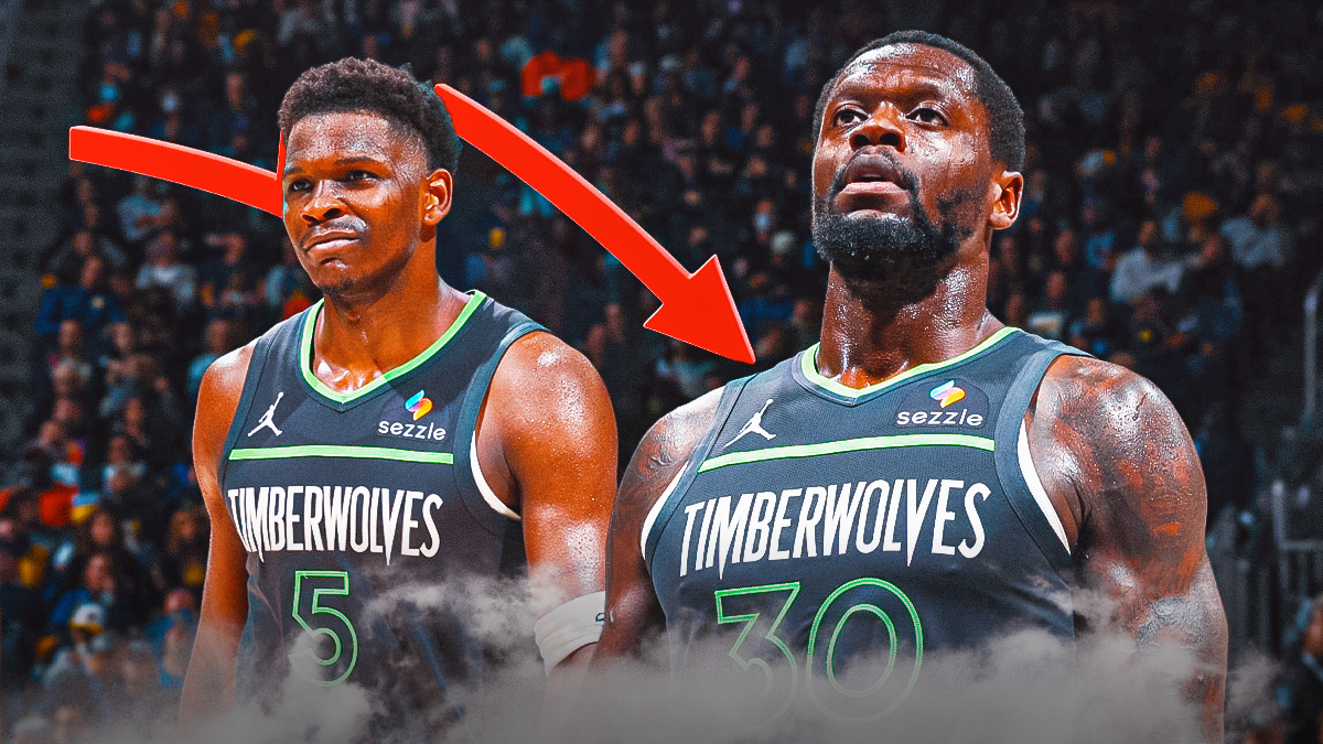 Timberwolves' Julius Randle and Anthony Edwards looking sad, with stock down logo beside them