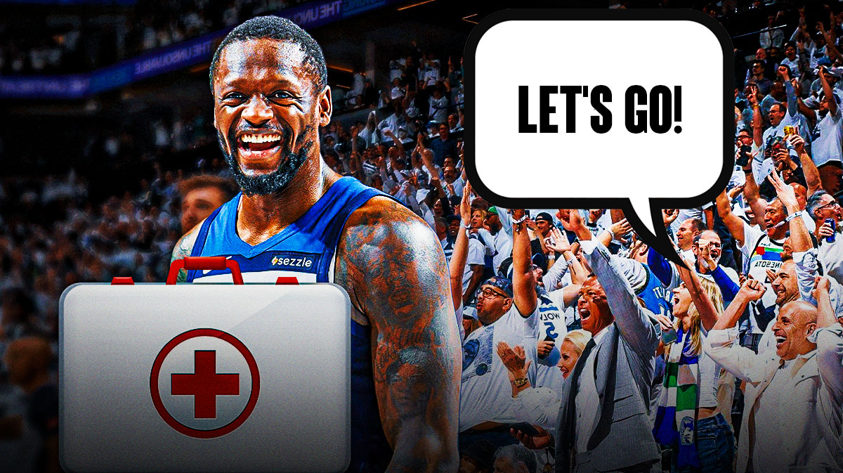 Julius Randle on one side with an injury kit in front of him, a bunch of Minnesota Timberwolves fans on the other side with a speech bubble that says "Let's go!"