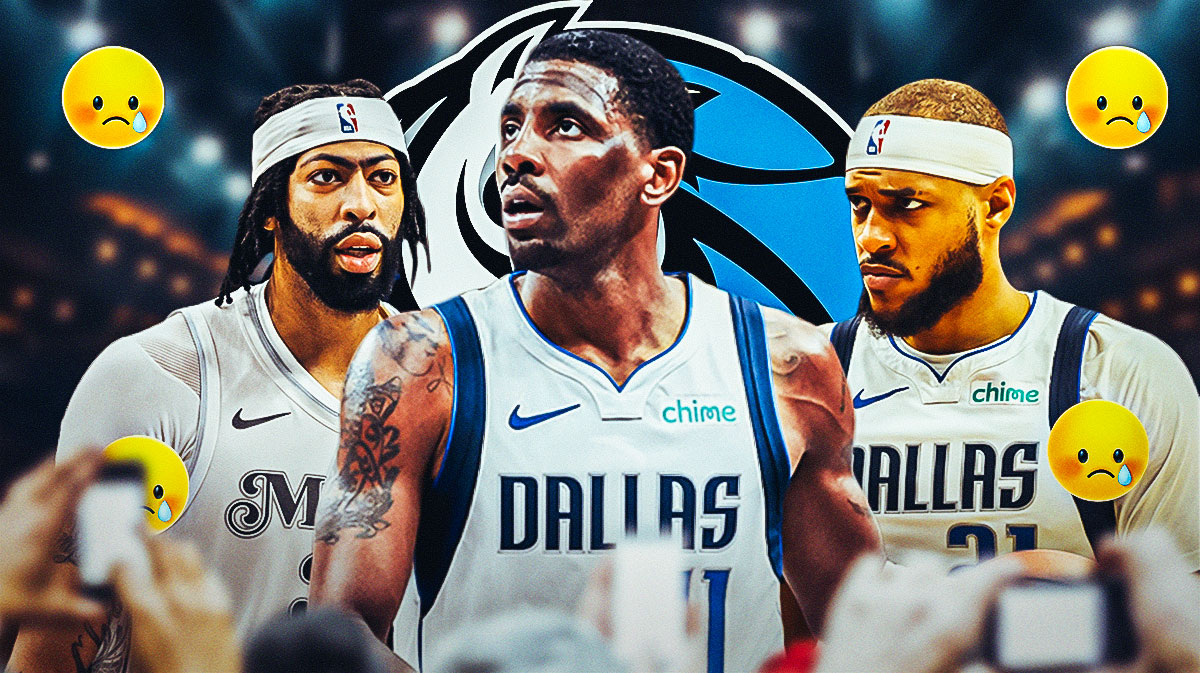 Anthony Davis, Kyrie Irving, Daniel Gafford, Dallas Mavericks logo, sad symbols