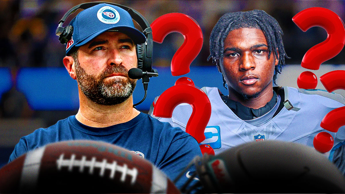 Brian Callahan on one side, Cam Ward on the other side in a Tennessee Titans jersey with a bunch of question marks around him