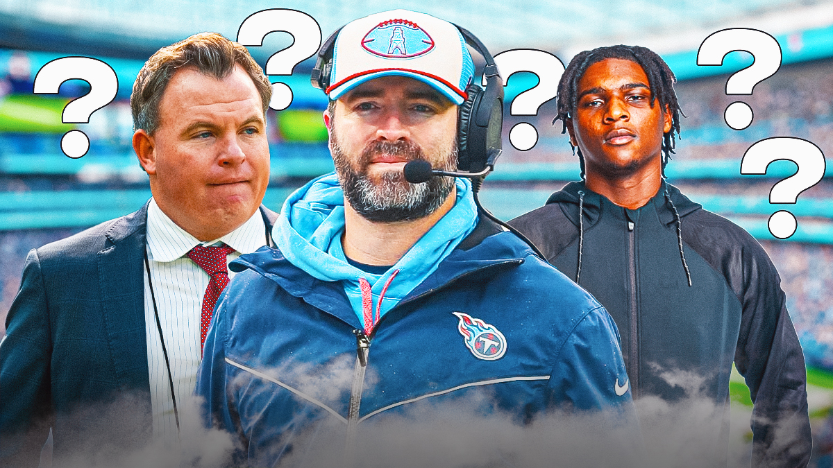 Tennessee Titans coach Brian Callahan and Titans GM Mike Borgonzi with Cam Ward and question marks all around as the titans draft strategy is unknown.