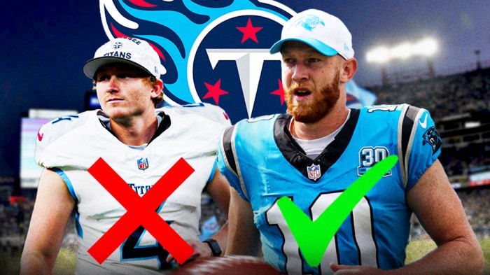 Former Titans punter Ryan Stonehouse on the left with a red X on his body. Former Carolina Panthers punter Johnny Hekker on the right with a green check mark on his body. Tennessee Titans logo in between them.