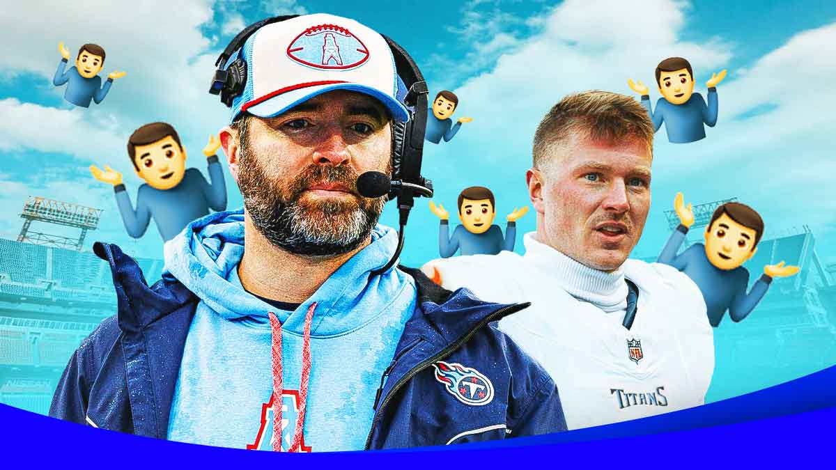 Tennessee Titans coach Brian Callahan and Tim Boyle in a Titans uniform with man shrugging emojis around as the titans signed tim boyle in free agency.