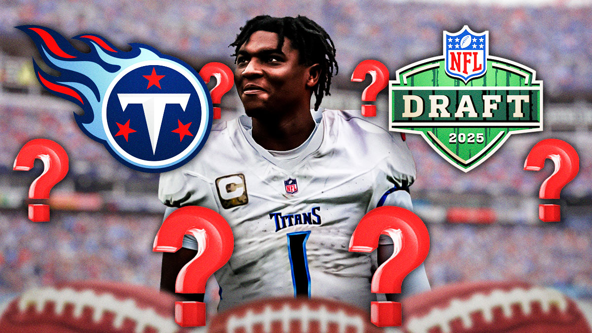 Miami QB Cam Ward in a Titans uniform. He is surrounded by question mark emojis. There are also logos for the Tennessee Titans and the 2025 NFL Draft.