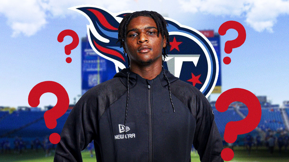Titans logo behind Cam Ward with multiple ❓ emojis in background. Background is Nissan Stadium.