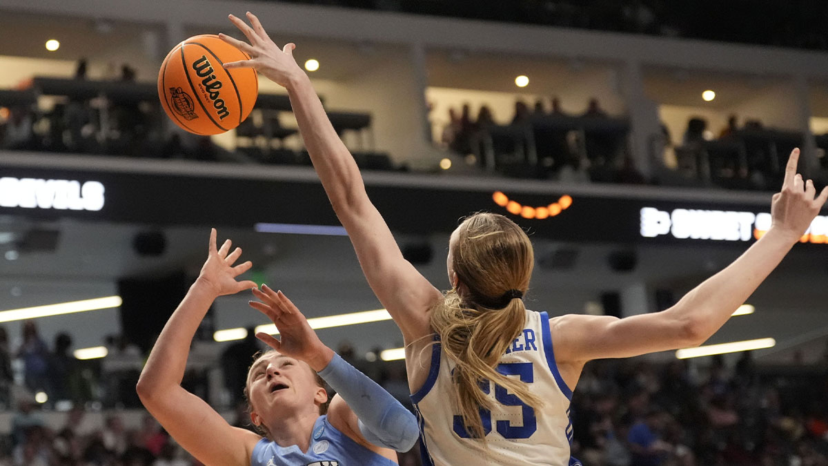 Duke Blue Devils forward Toby Fournier (35) blocks a shot by North Carolina Tar Heels forward Alyssa Ustby (1) at Legacy Arena.