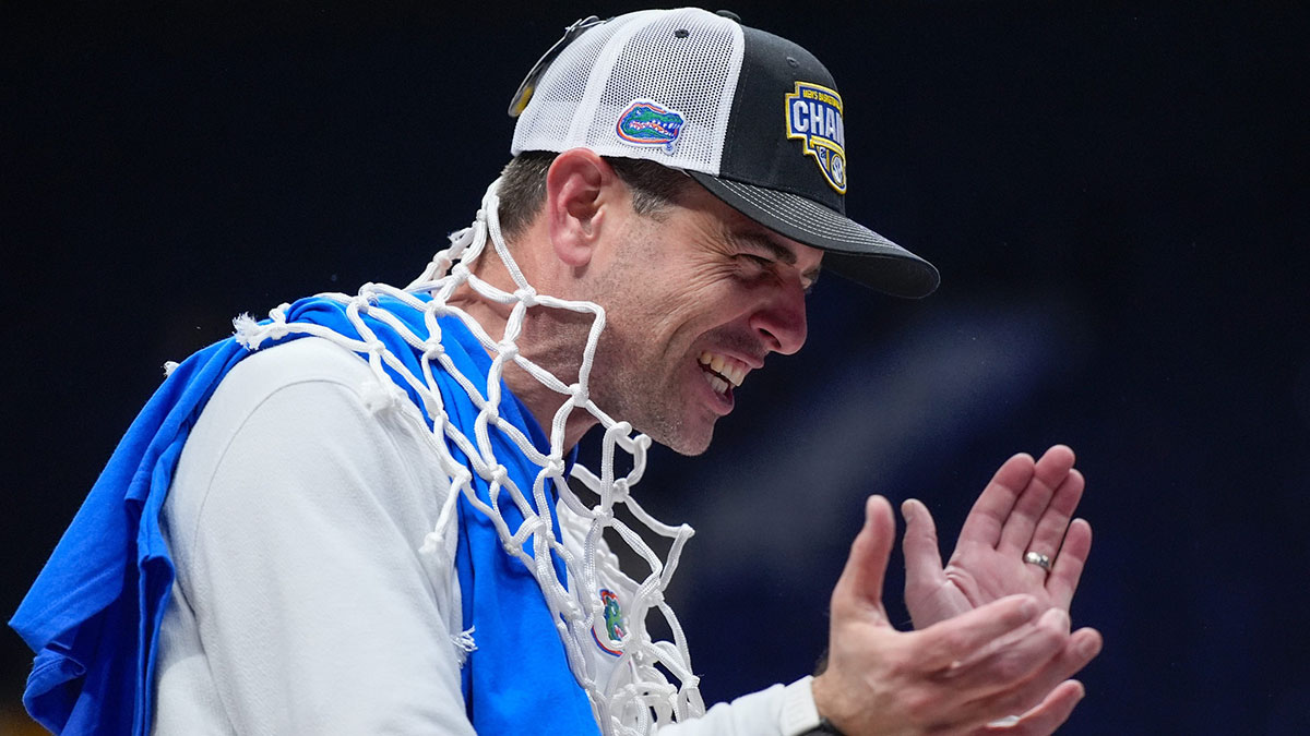 Florida head coach Todd Golden celebrates their win over Tennessee after the Southeastern Conference tournament championship at Bridgestone Arena in Nashville, Tenn., Sunday, March 16, 2025.