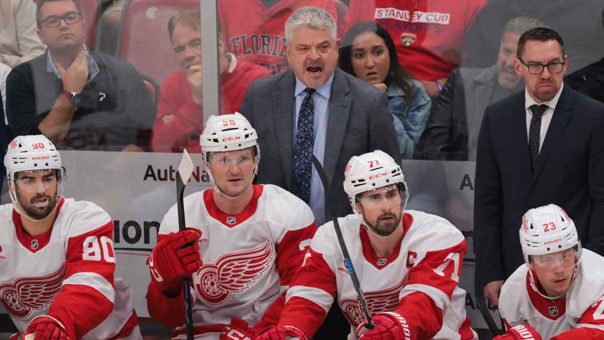 Detroit Red Wings head coach Todd McLellan reacts from the bench against the Florida Panthers during the second period at Amerant Bank Arena.