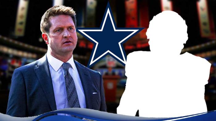 Cowboys logo behind NFL analyst Todd McShay next to SILHOUETTE of Texas WR Matthew Golden. Background is NFL Draft stage.