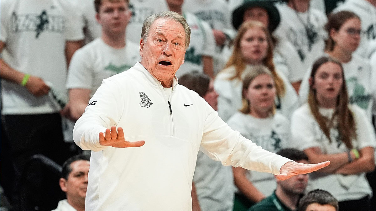 Michigan State head coach Tom Izzo reacts to a play against Michigan during the second half at Breslin Center in East Lansing on Sunday, March 9, 2025.