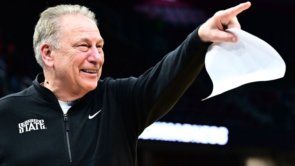 Michigan State Spartans head coach Tom Izzo celebrates after the game against the New Mexico Lobos during the NCAA Tournament Second Round at Rocket Arena.