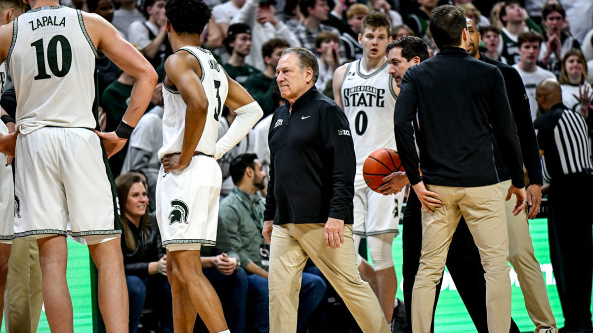 Michigan State's head coach Tom Izzo show disappointment after arguing a call with the referees during the second half in the game against Wisconsin on Sunday, March 2, 2025, at the Breslin Center in East Lansing.