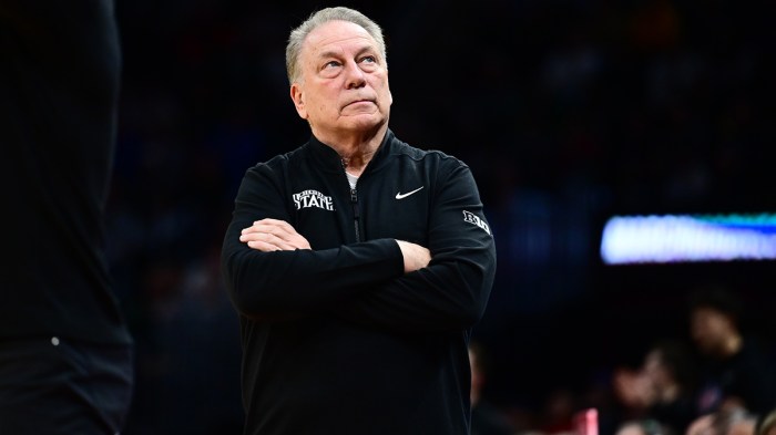 Michigan State Spartans head coach Tom Izzo reacts in the second half against the New Mexico Lobos during the NCAA Tournament Second Round at Rocket Arena. Mandatory Credit: Ken Blaze-Imagn Images