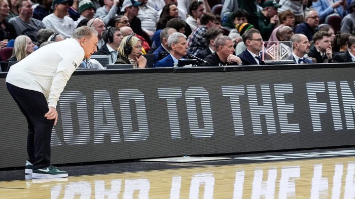 Michigan State head coach Tom Izzo watches a play against Bryant during the second half of the First Round of NCAA Tournament at Rocket Arena in Cleveland, Ohio on Friday, March 21, 2025.