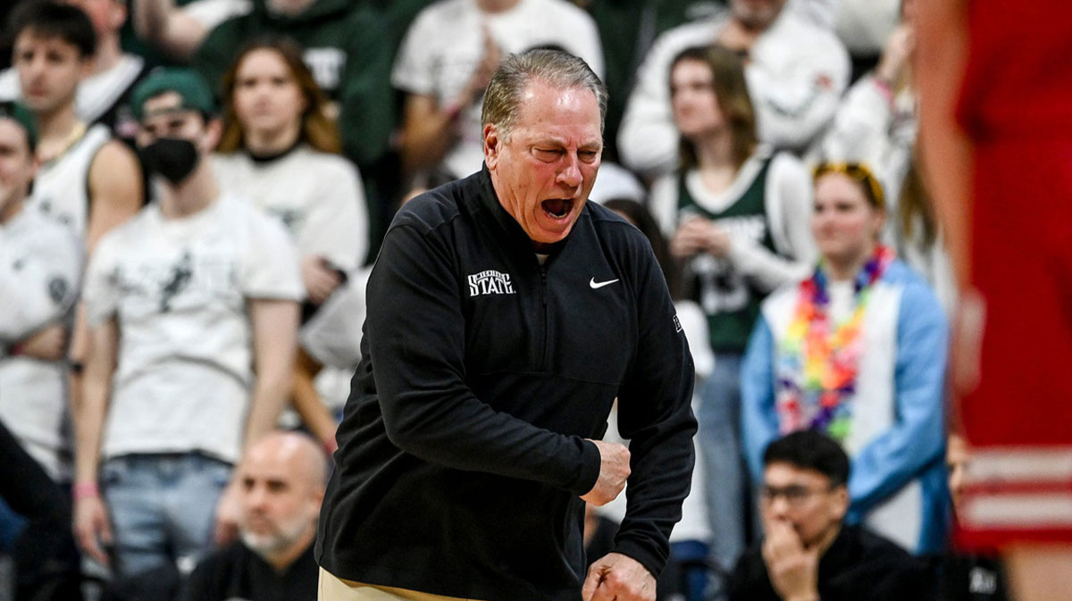 Michigan State's head coach Tom Izzo reacts to the officials during the first half against Wisconsin