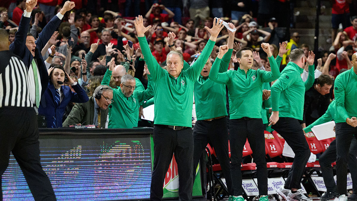 Michigan State Spartans head coach Tom Izzo celebrates after a made shot at the buzzer during the second half against the Maryland Terrapins at Xfinity Center.