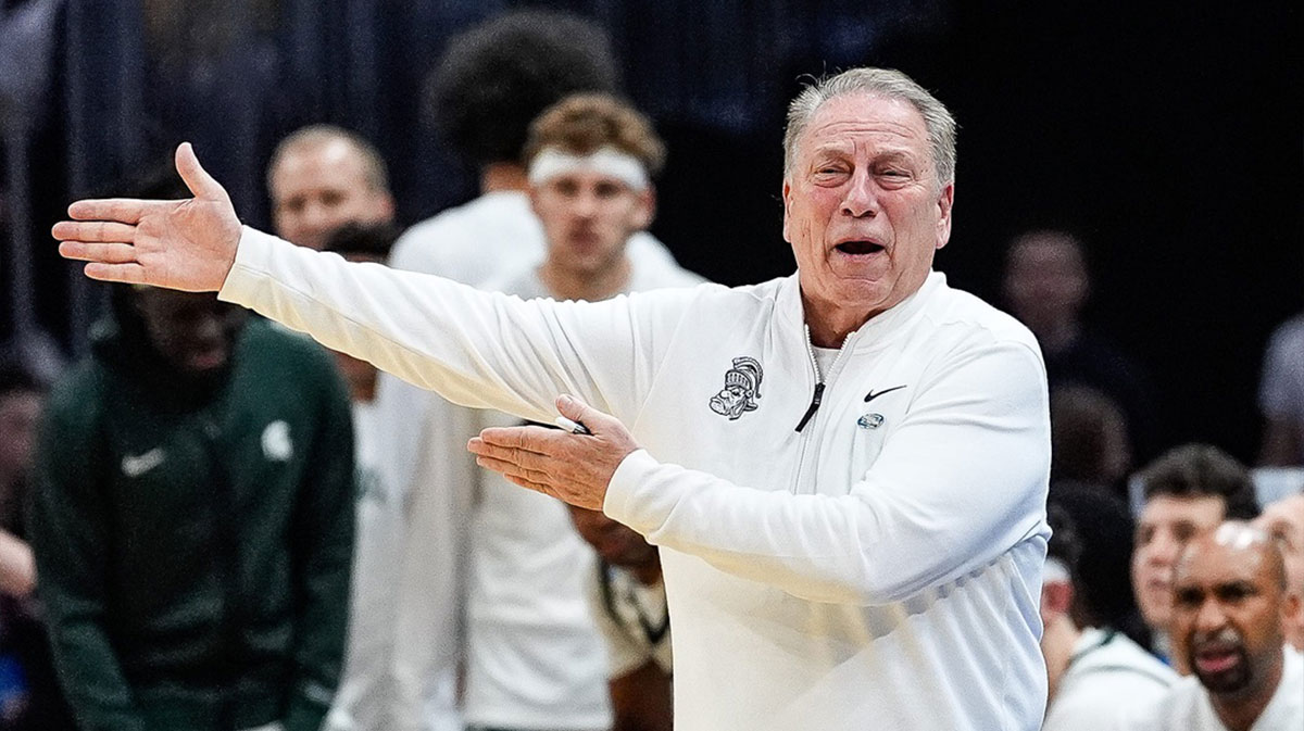 Michigan State head coach Tom Izzo reacts to a play against Bryant during the first half of the First Round of NCAA Tournament at Rocket Arena in Cleveland, Ohio on Friday, March 21, 2025.