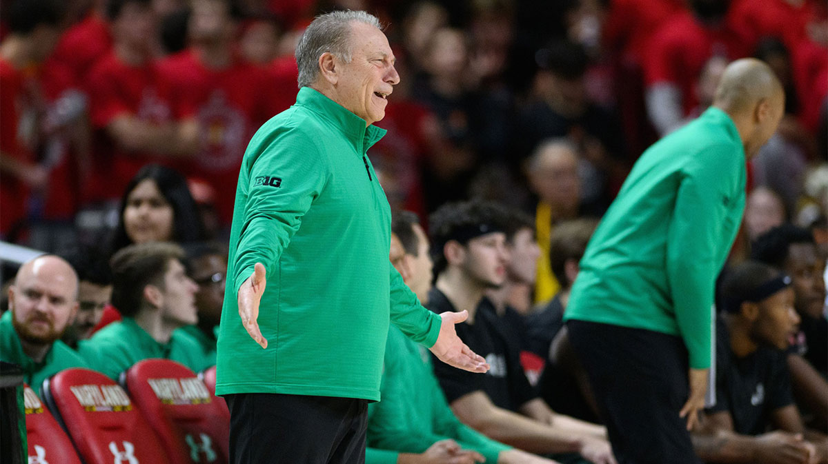 Michigan State Spartans head coach Tom Izzo reacts during the first half against the Maryland Terrapins at Xfinity Center.
