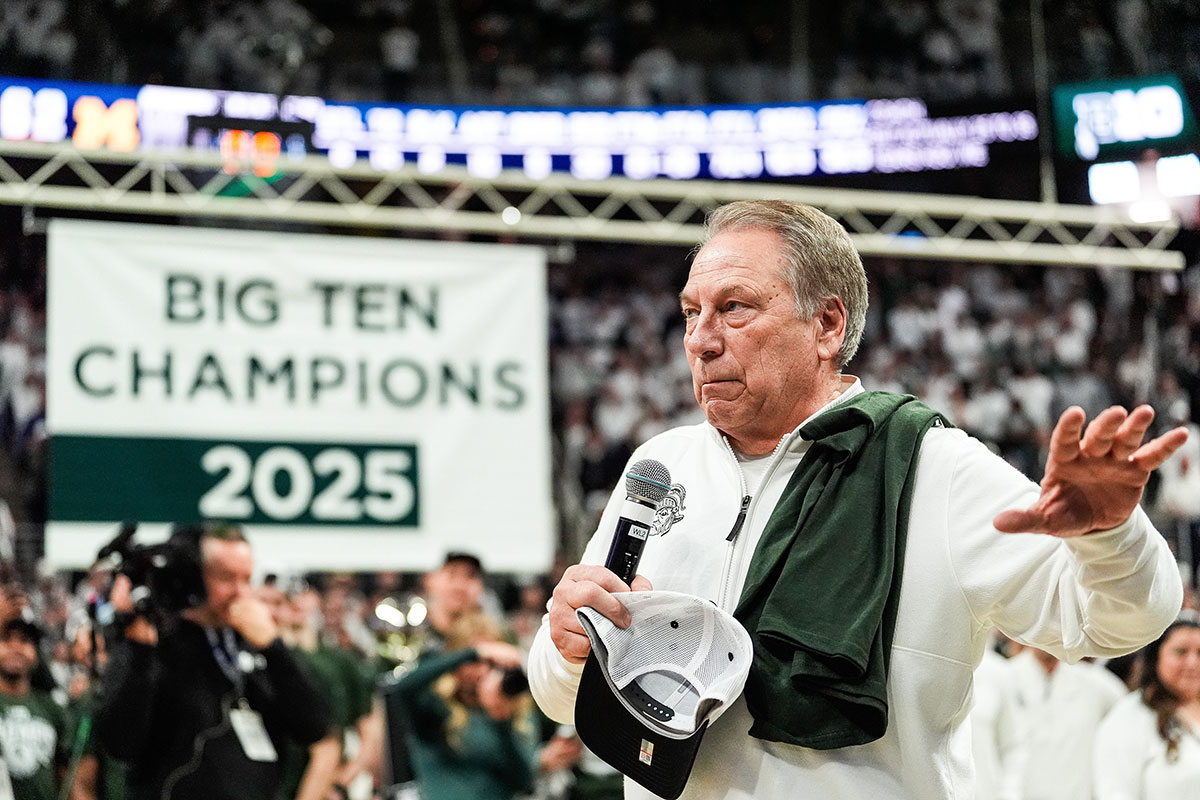Michigan State head coach Tom Izzo speaks during senior day and Big Ten regular season championship celebration at Breslin Center