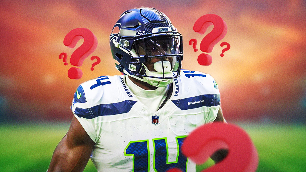 DK Metcalf in a Seattle Seahawks uniform with question marks surrounding metcalf has requested a trade from the seahawks.