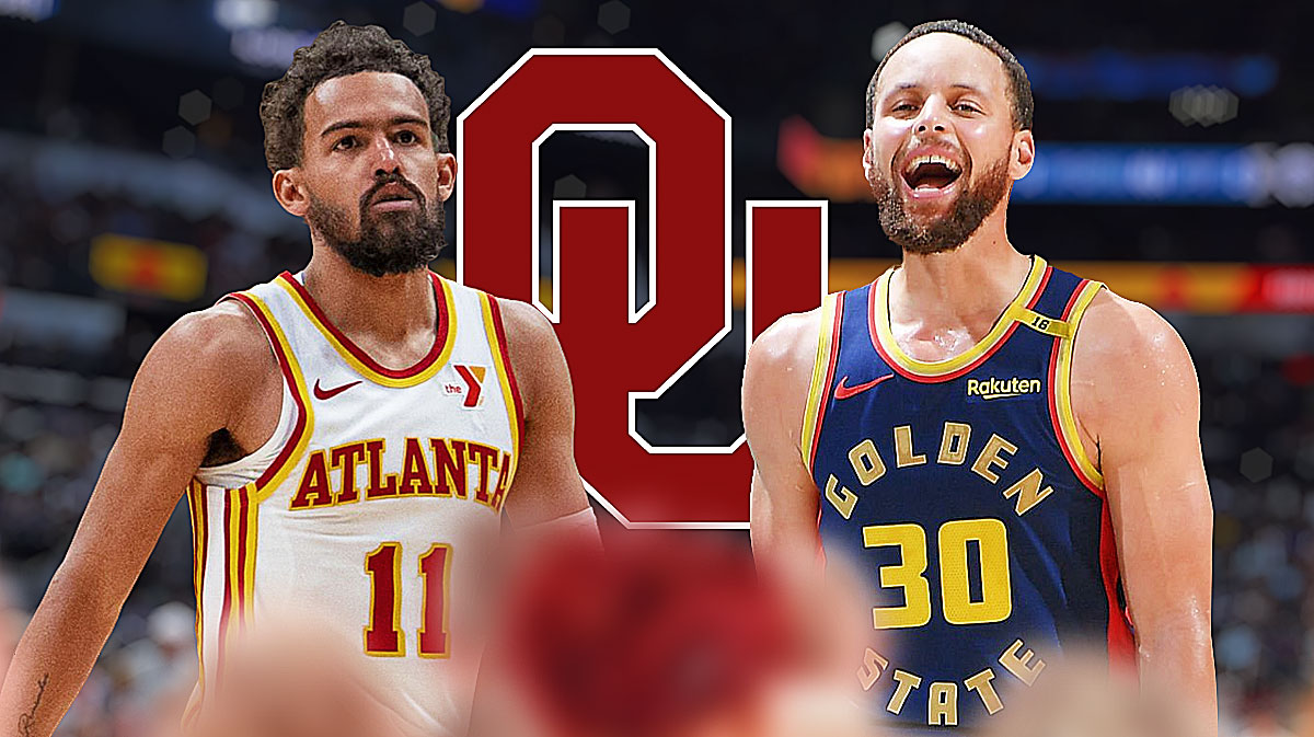 Trae Young next to an Oklahoma Sooner logo and Stephen Curry.