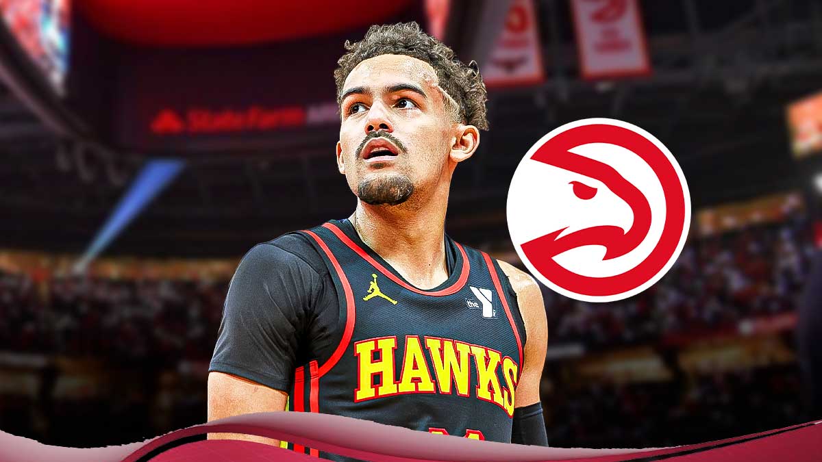 Atlanta Hawks player Trae Young with the Hawks logo in the background, NBA record