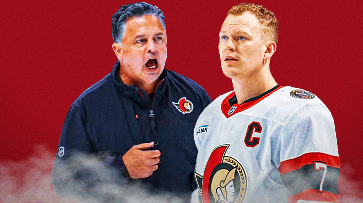 Photo: Brady Tkachuk in action in Senators jersey, Travis Green looking at him
